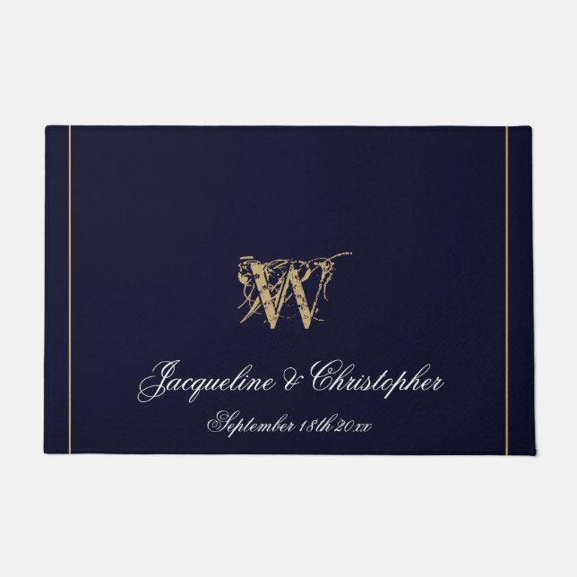 Chic Navy Blue Monogram Names Newlyweds Wedding Doormat (Front)