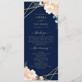 Chic Navy Blue Peach Cream Gold Geometric Wedding Programme