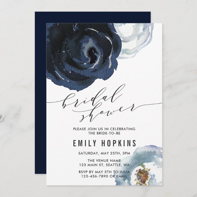 Chic Navy Blue Peony Bridal Shower Invitation (Front/Back)