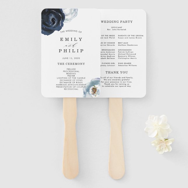Chic Navy Blue Peony Floral Wedding Program Hand Fan (Front and Back)
