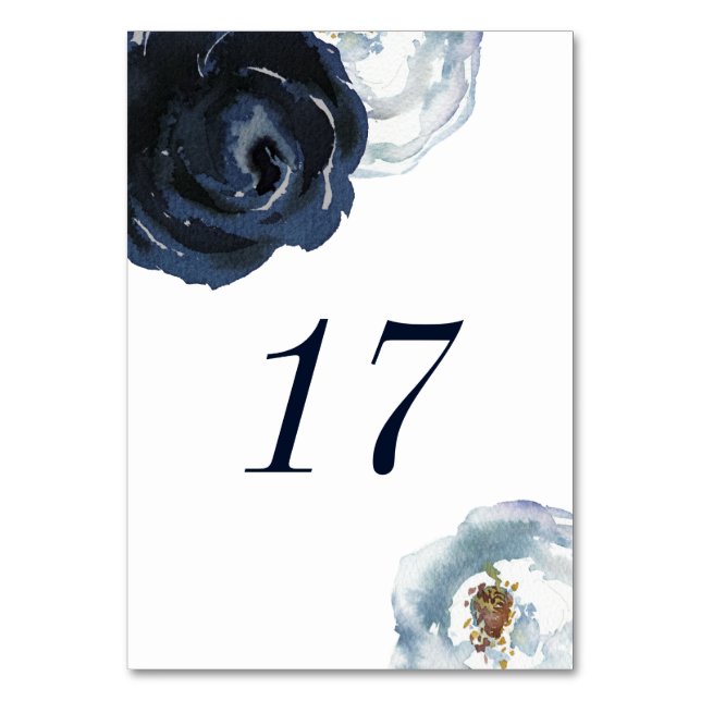 Chic Navy Blue Peony Floral Wedding Table Number (Back)