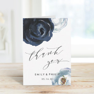 Chic Navy Blue Peony Floral Wedding Thank You Card