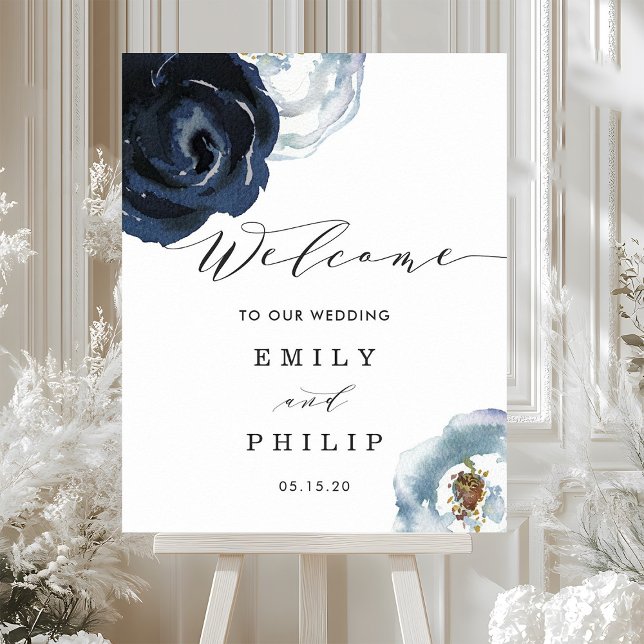 Chic Navy Blue Peony Floral Wedding Welcome Poster (Creator Uploaded)