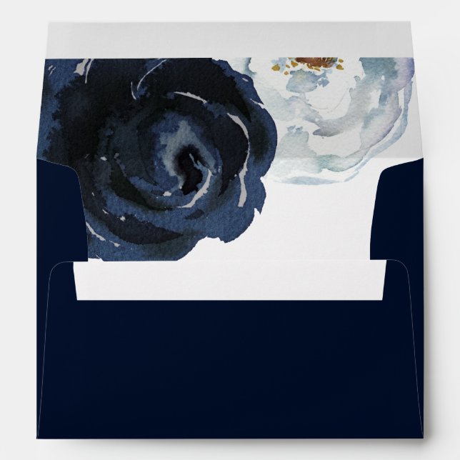 Chic Navy Blue Peony Pre-Printed Address 5x7 Envelope (Back (Bottom))