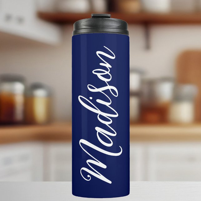Chic Navy Blue Personalised Name in White Script Thermal Tumbler (Creator Uploaded)