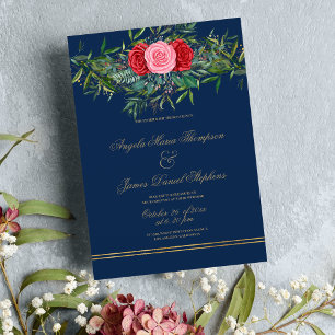 Chic Navy blue pink red green gold floral wedding  Invitation