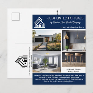 Chic Navy Blue Real Estate Company Home Listing Postcard