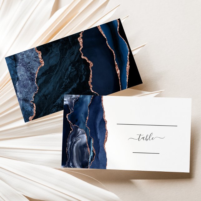 Chic Navy Blue Rose Gold Agate Wedding Escort Place Card (Creator Uploaded)