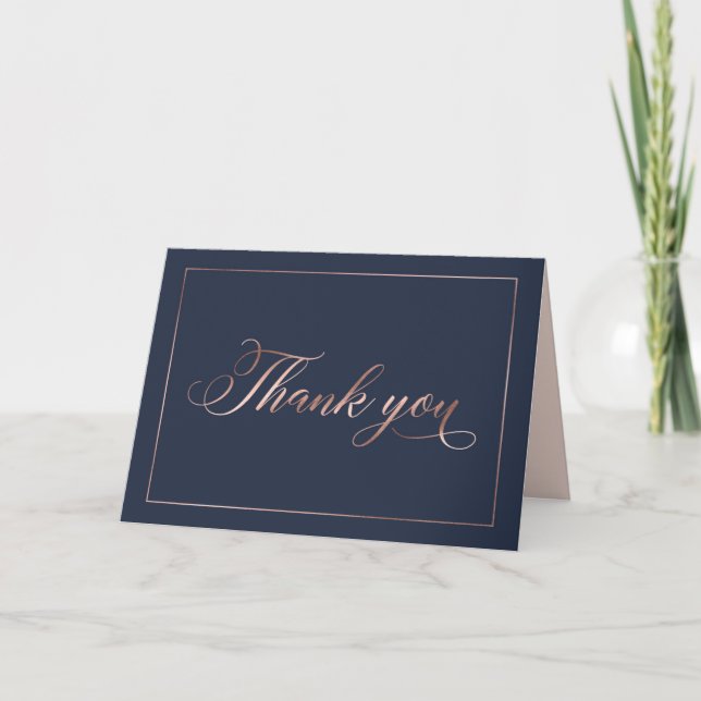 Chic Navy Blue & Rose Gold Foil Calligraphy Script Thank You Card (Front)