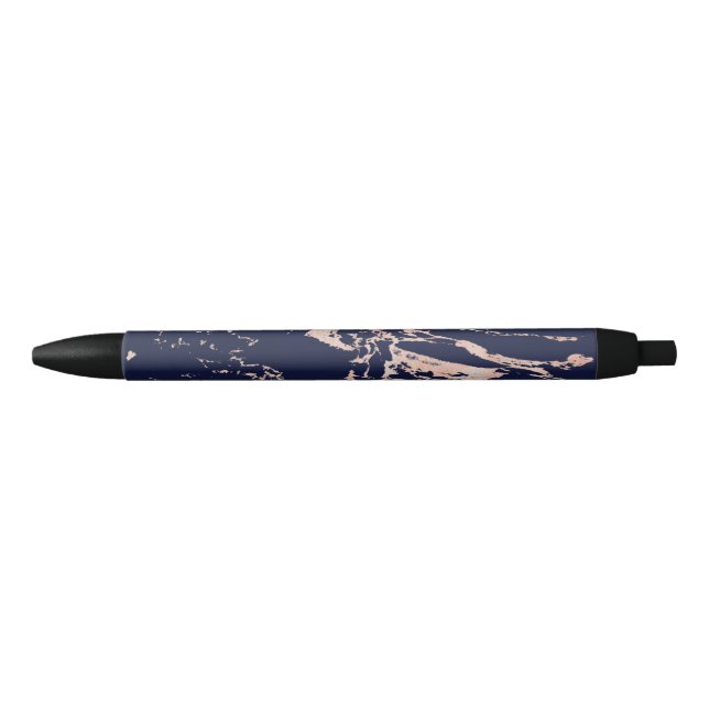 Chic Navy Blue Rose Gold Foil Marble Black Ink Pen (Front)