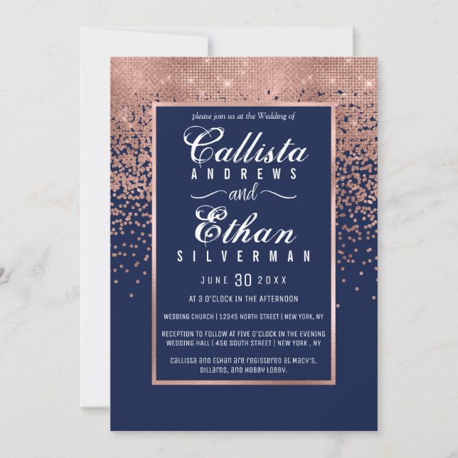 Chic Navy Blue Rose Gold Glitter Confetti Wedding Invitation (Front)