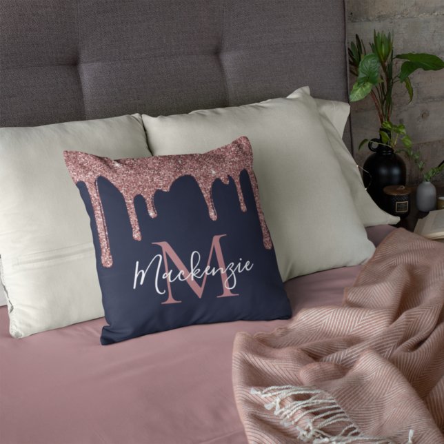 Chic Navy Blue Rose Gold Glitter Drips Monogram Cushion (Creator Uploaded)