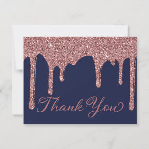 Chic Navy Blue Rose Gold Glitter Drips Thank You