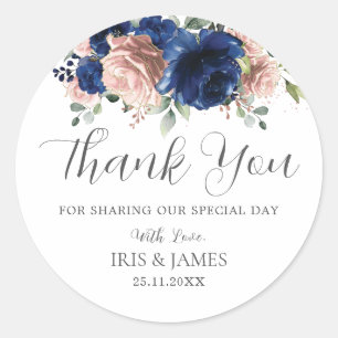 Chic Navy Blue Rose Gold Pink Floral Wedding Favor Classic Round Sticker