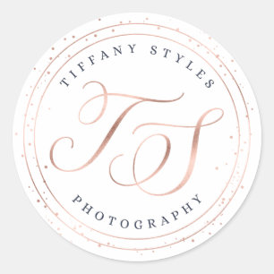 Chic Navy Blue & Rose Gold Trendy Company Logo Classic Round Sticker