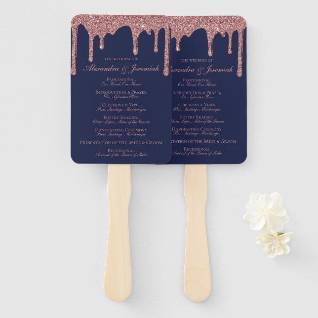Chic Navy Blue Rose Gold Wedding Program Hand Fan (Front and Back)