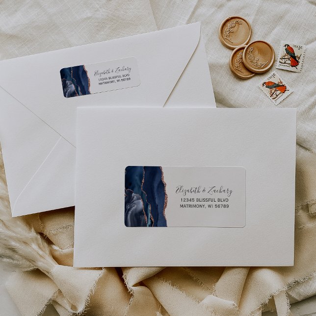 Chic Navy Blue Rose Gold Wedding Return Address (Creator Uploaded)