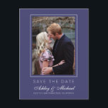Chic Navy Blue Save the Date Engagement Photo Announcement Postcard<br><div class="desc">Modern, chic save the date photo postcard with elegant script and modern typography. The save the date card has a navy blue background with a subtle thin white frame around the photo. You can easily customise this save the date card with your upcoming wedding details, your engagement photo and a...</div>