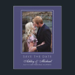 Chic Navy Blue Save the Date Engagement Photo Announcement Postcard<br><div class="desc">Modern, chic save the date photo postcard with elegant script and modern typography. The save the date card has a navy blue background with a subtle thin white frame around the photo. You can easily customise this save the date card with your upcoming wedding details, your engagement photo and a...</div>