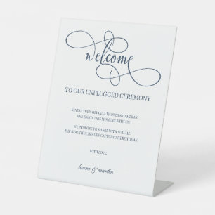Chic Navy Blue Script Unplugged Ceremony Pedestal Sign