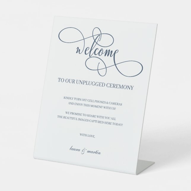 Chic Navy Blue Script Unplugged Ceremony Pedestal Sign (Front)