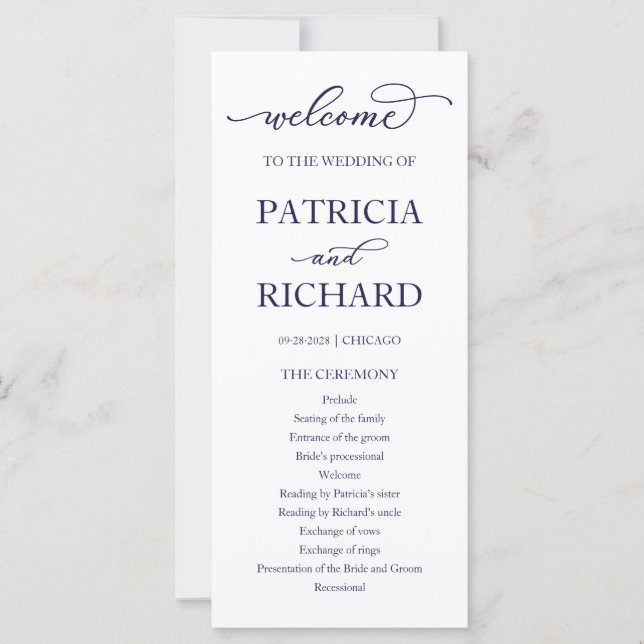 Chic Navy Blue Script Wedding Ceremony Program (Front)