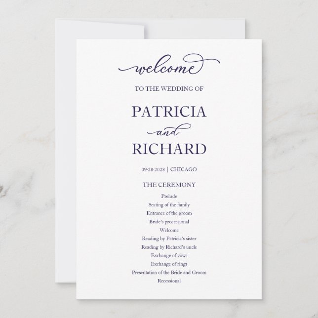 Chic Navy Blue Script Wedding Ceremony Program Invitation (Front)