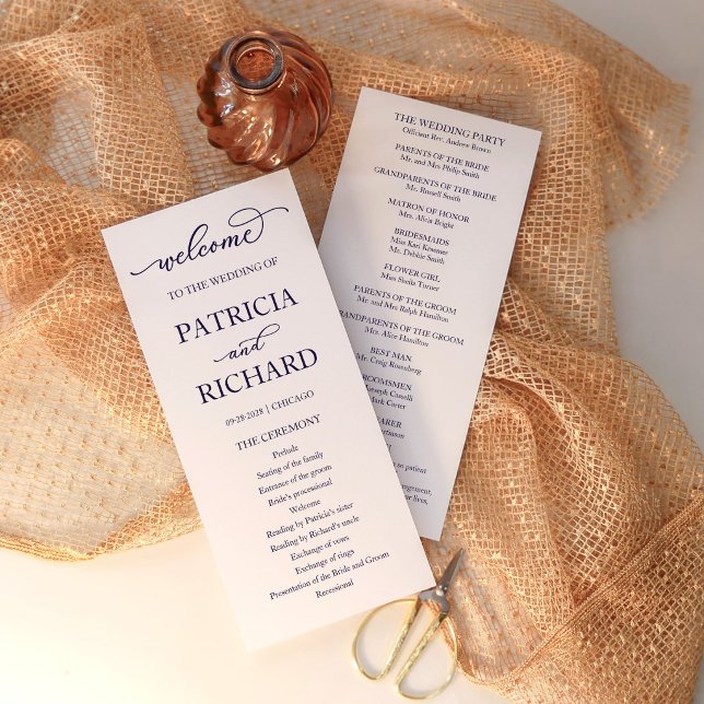 Chic Navy Blue Script Wedding Ceremony Program Programme (Creator Uploaded)