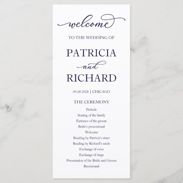 Chic Navy Blue Script Wedding Ceremony Program Programme (Front)