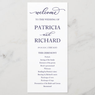 Chic Navy Blue Script Wedding Ceremony Program Programme