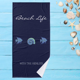 Chic Navy Blue Sea Life Family Name Beach House  Bath Towel Set