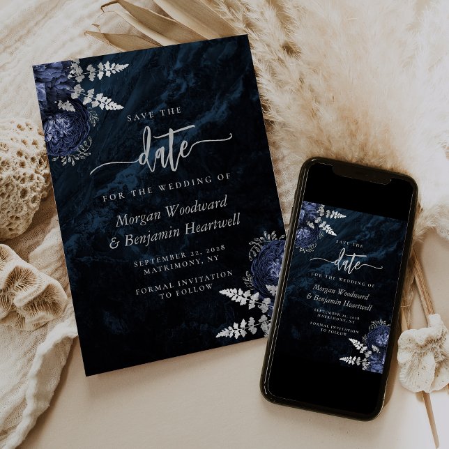 Chic Navy Blue Silver Floral Wedding Save the Date Invitation (Creator Uploaded)