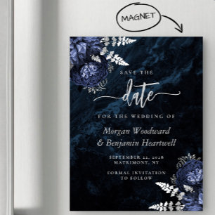 Chic Navy Blue Silver Floral Wedding Save the Date Magnetic Invitation