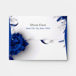 Chic Navy Blue & Silver Flowers Ribbons Wedding Envelope
