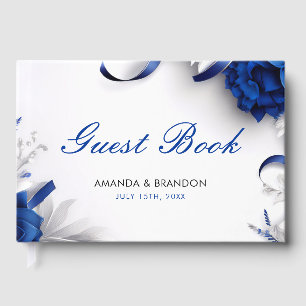 Chic Navy Blue & Silver Flowers Ribbons Wedding Guest Book