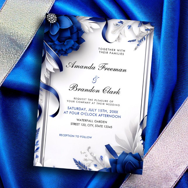 Chic Navy Blue & Silver Flowers Ribbons Wedding Invitation (Creator Uploaded)