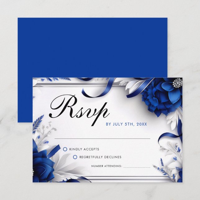 Chic Navy Blue & Silver Flowers Ribbons Wedding RSVP Card (Front/Back)