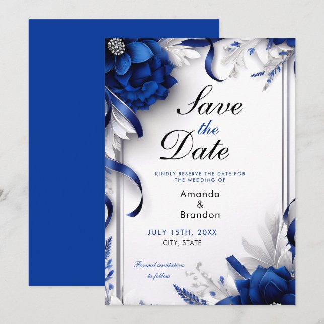 Chic Navy Blue & Silver Flowers Ribbons Wedding Save The Date (Front/Back)