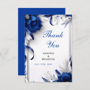 Chic Navy Blue & Silver Flowers Ribbons Wedding Thank You Card
