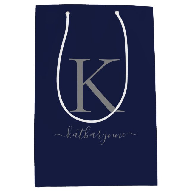 Chic Navy Blue Silver Monogram Name Medium Gift Bag (Front)