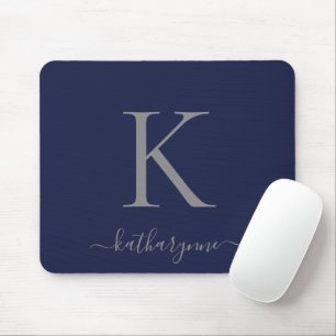 Chic Navy Blue Silver Monogram Script Mouse Pad