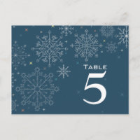 Chic navy blue snowflake wedding table number