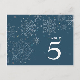 Chic navy blue snowflake wedding table number postcard