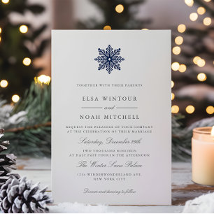 Chic Navy Blue Snowflake Winter Formal Wedding Invitation