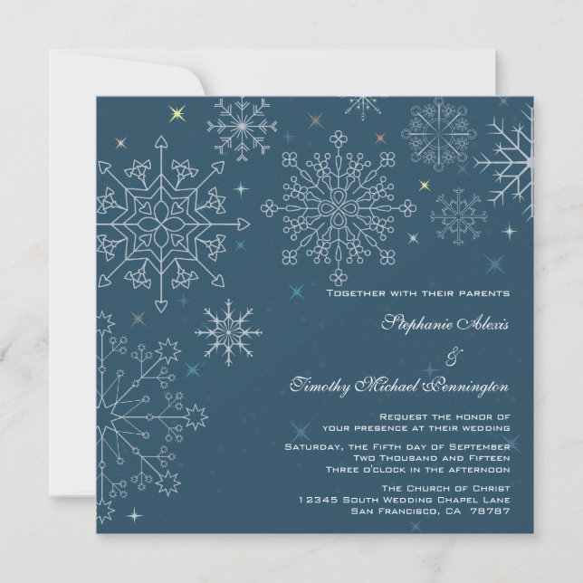 Chic navy blue snowflake winter wedding invitation (Front)