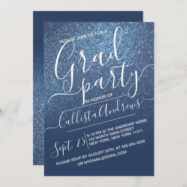 Chic Navy Blue Sparkly Glitter Ombre Graduation Invitation (Front/Back)