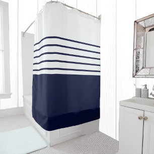 Chic Navy Blue Stripes Beach House Nautical Shower Curtain