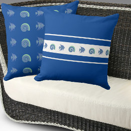 Chic Navy Blue Stripes Shell Fish Beach House Cushion