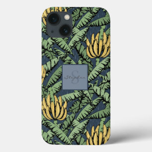 Chic Navy Blue Tropical Yellow Banana Leaf Pattern iPhone 13 Case