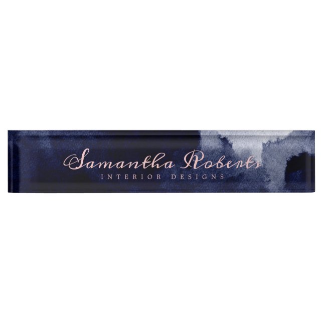 Chic Navy Blue Watercolor Abstract Blush Pink Nameplate (Front)